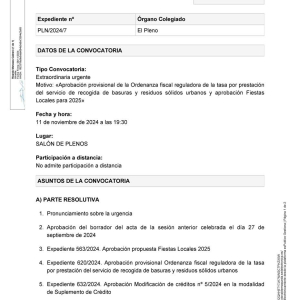 Convocatoria a Pleno sesión extraordinaria urgente, lunes 11 de noviembre a las 19:30h